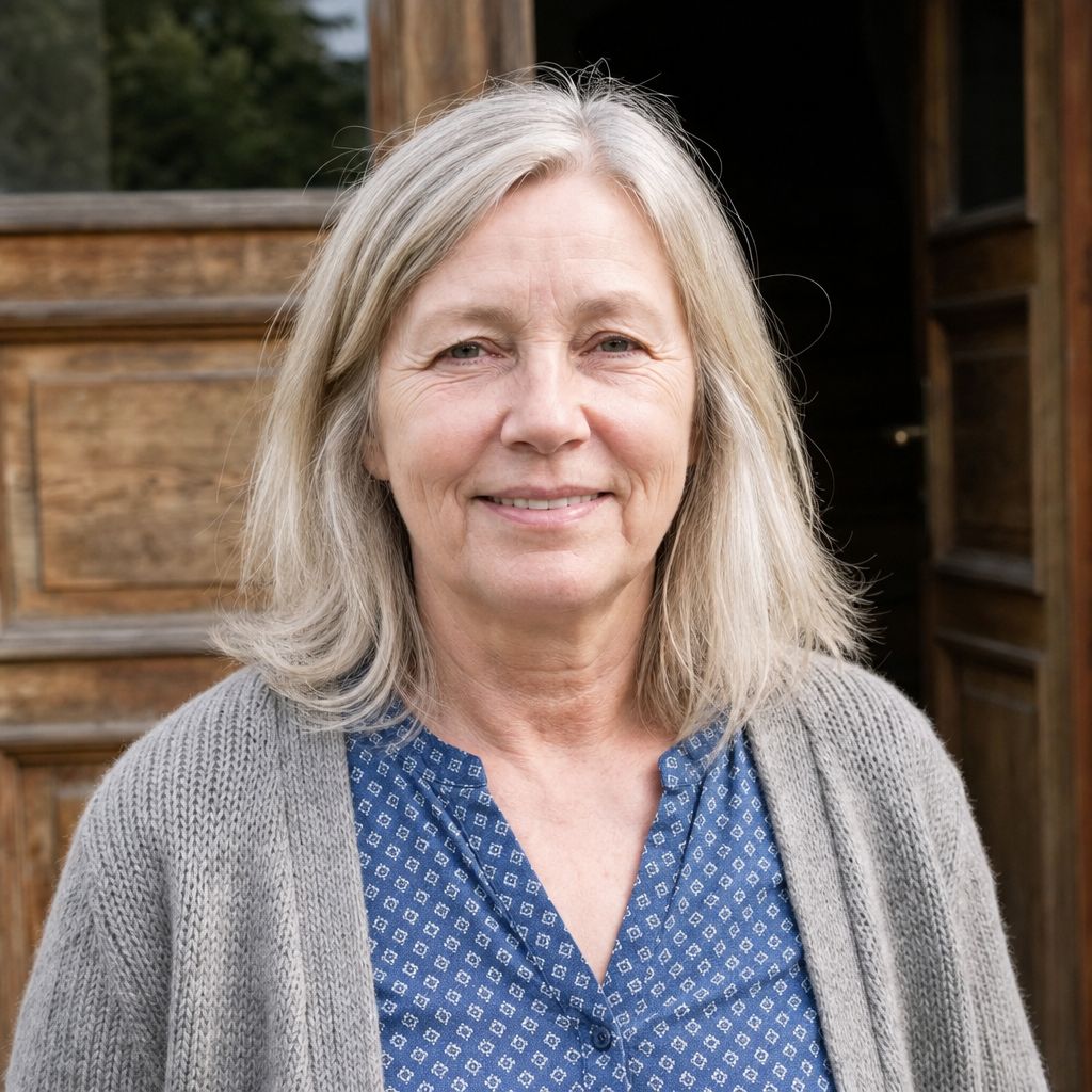 Brigitte, 63 ans, debout dans son entrée