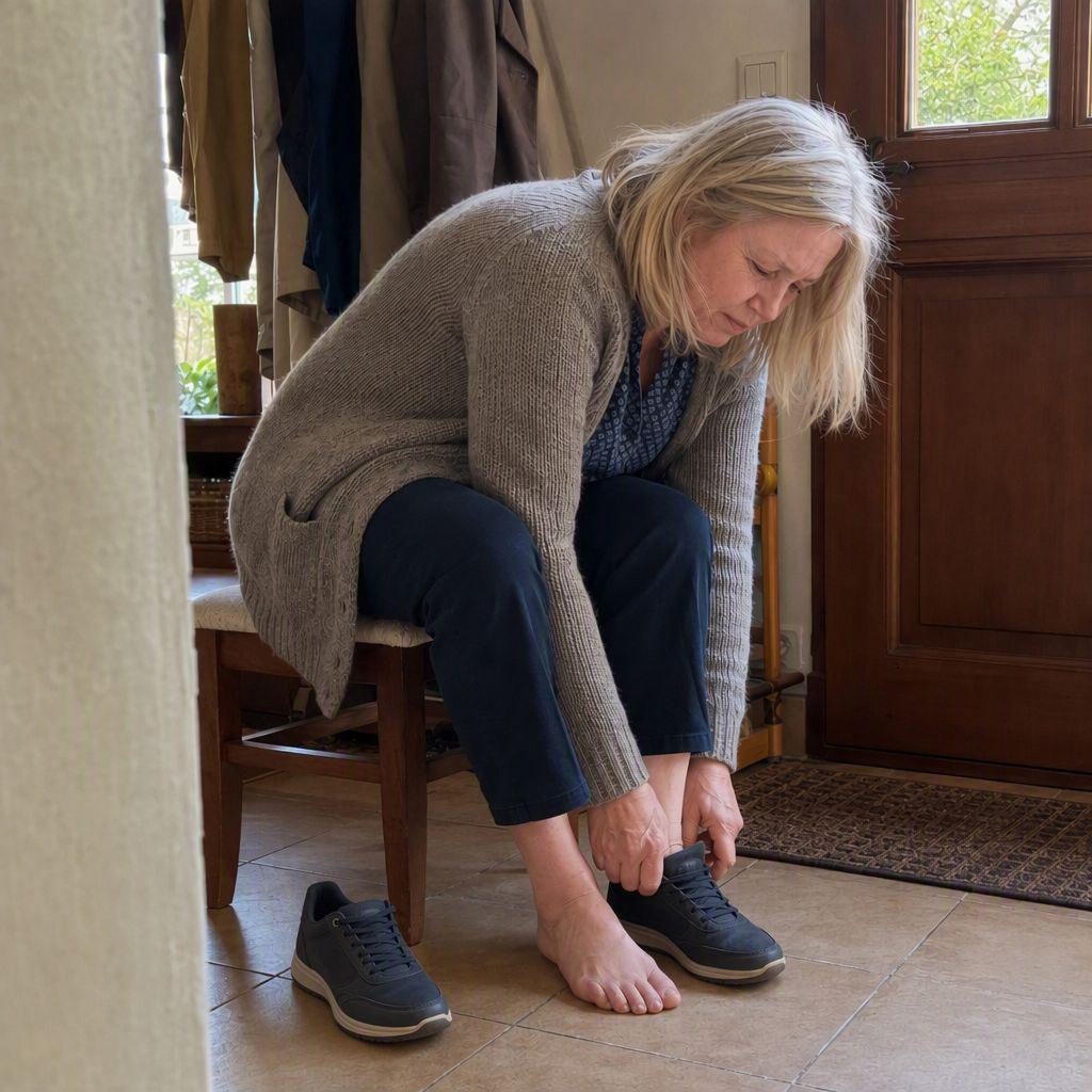 Une femme assise sur la chaise de l'entrée, en train d'enfiler une chaussette