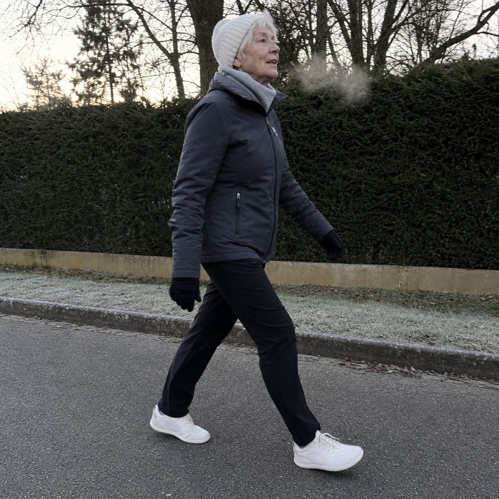 Anne-Marie, 71 ans, marchant devant la boulangerie