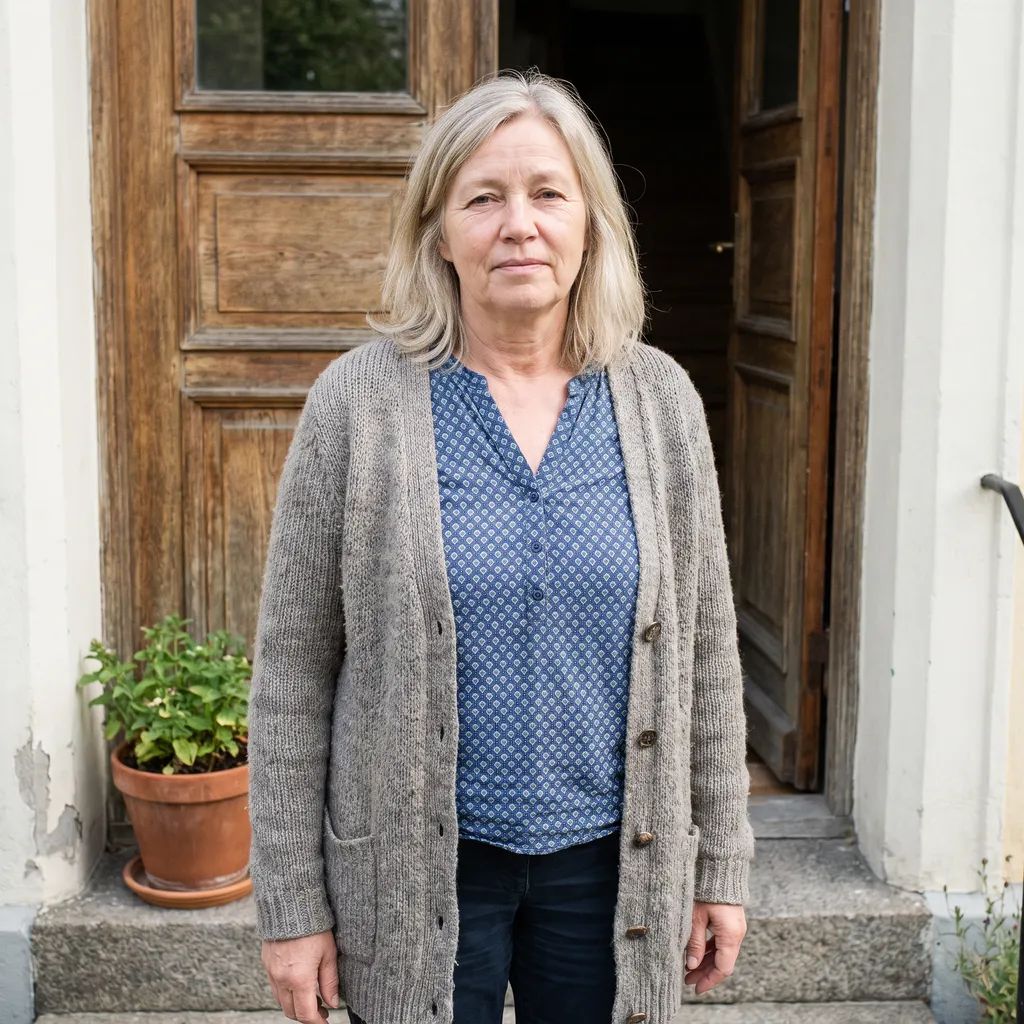 Brigitte, 63 ans, debout dans son entrée