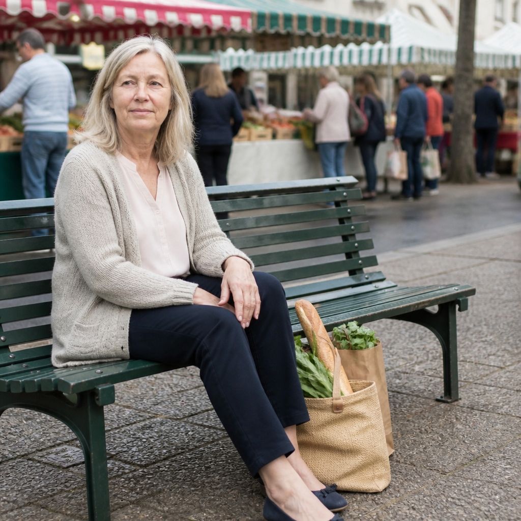 Une femme assise sur un banc au marché