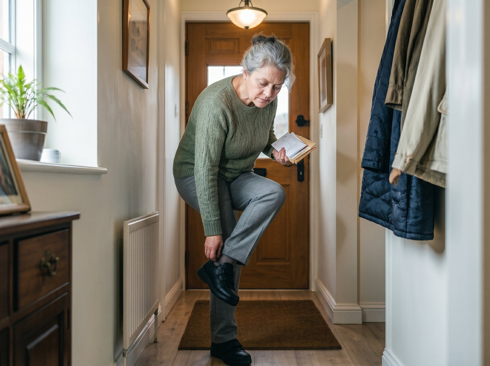 Brigitte, 63 ans, debout dans son entrée