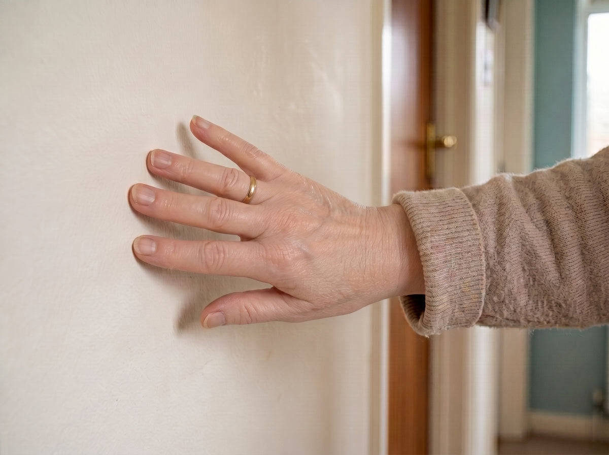 Une main posée sur le mur du couloir
