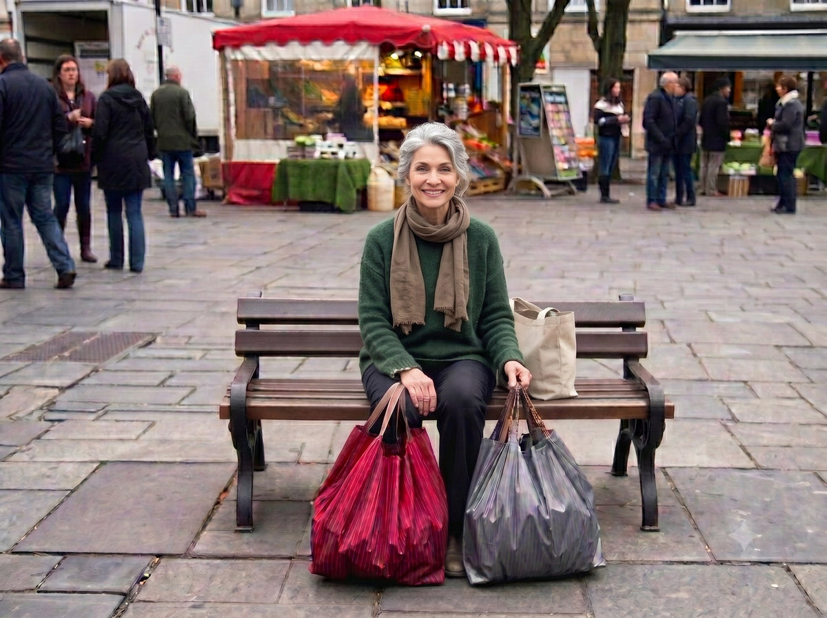 Une femme assise sur un banc au marché