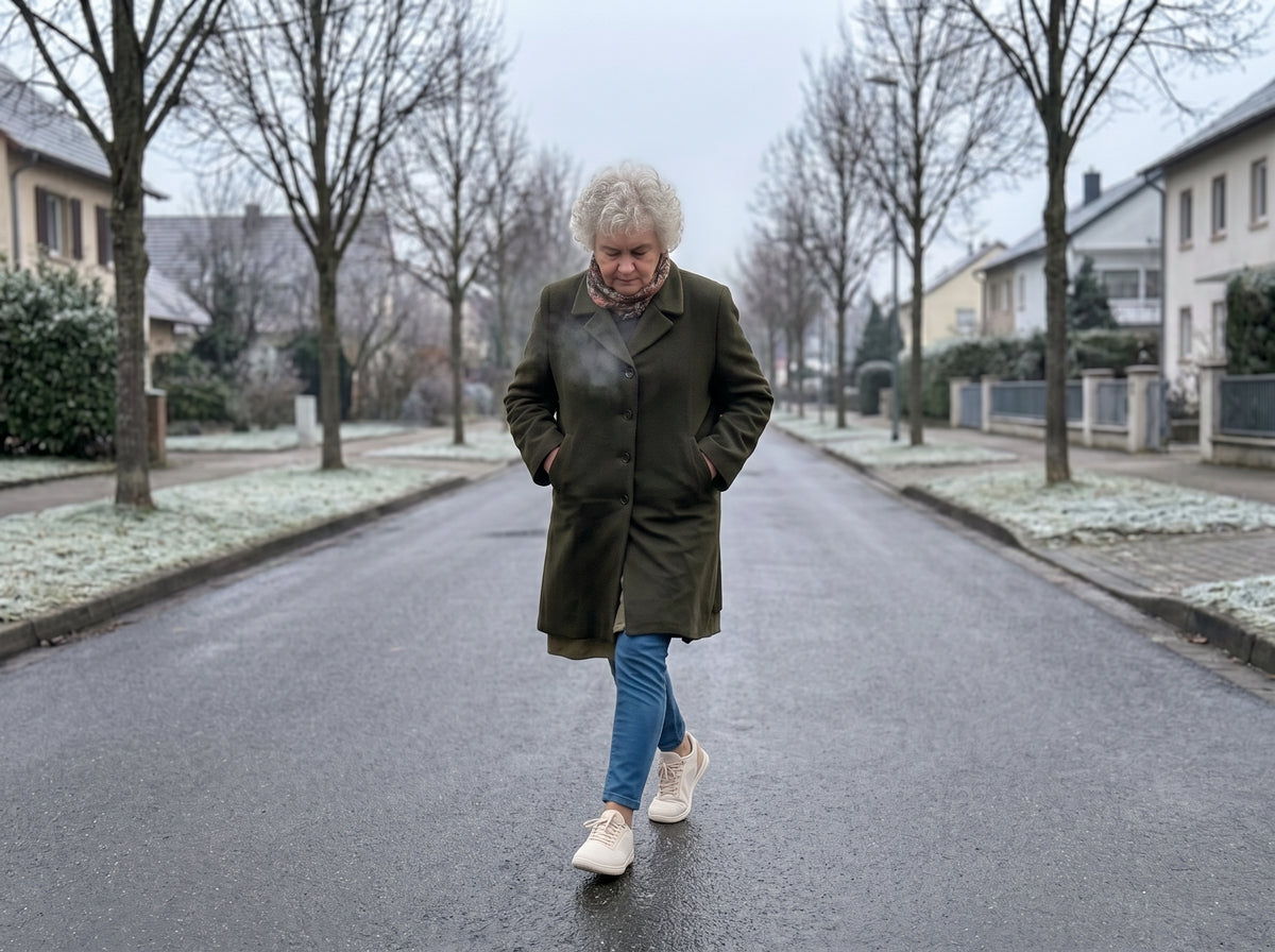 Anne-Marie, 71 ans, marchant devant la boulangerie